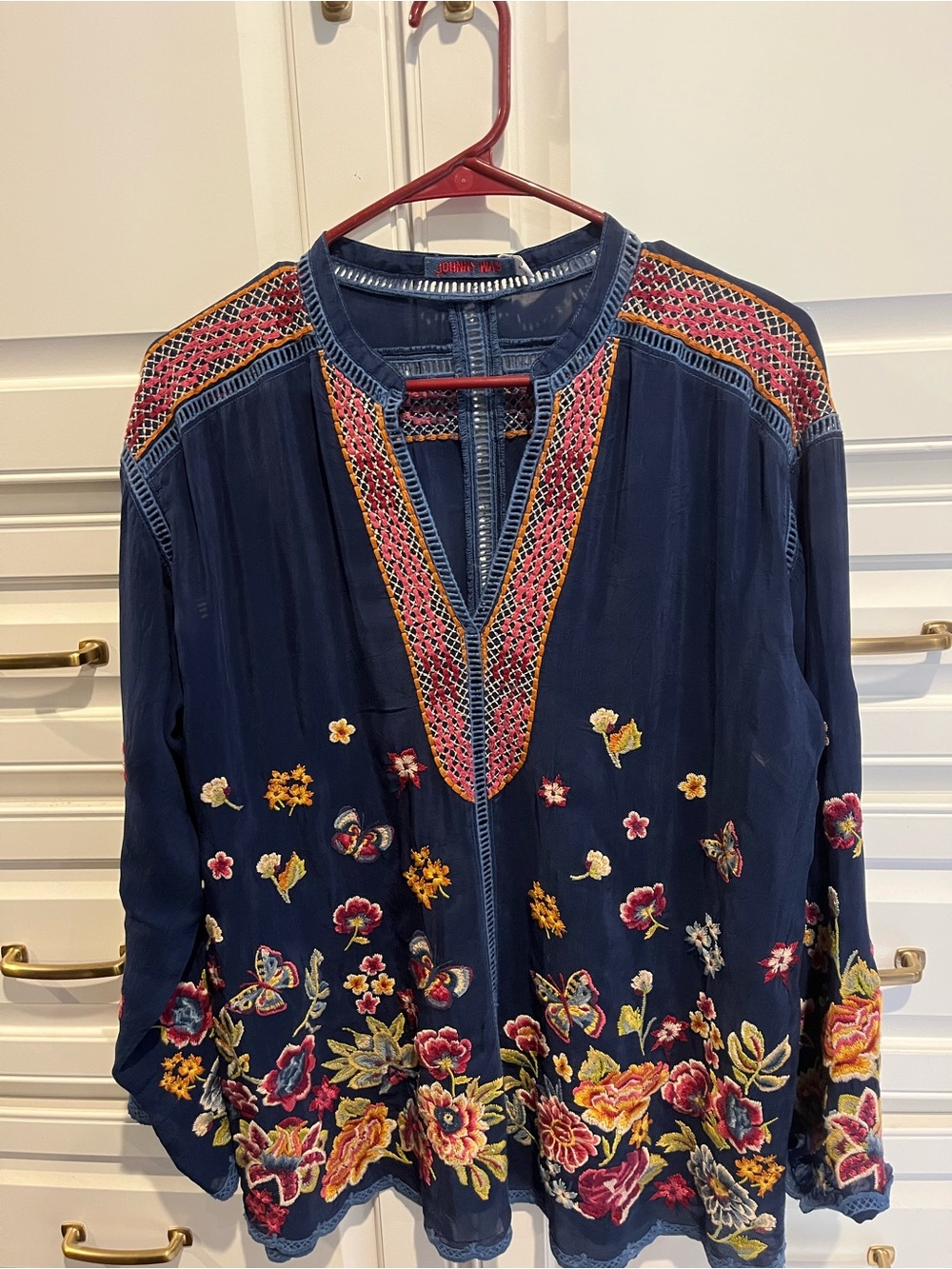 Johnny Was Slim Audrey tunic featuring intricate floral & Butterfly  Embroidery